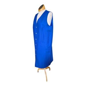 Vtg 1980s Harve Benard Cobalt Blue 100% Wool V-Neck Button Up Jumper Dress Sz 12